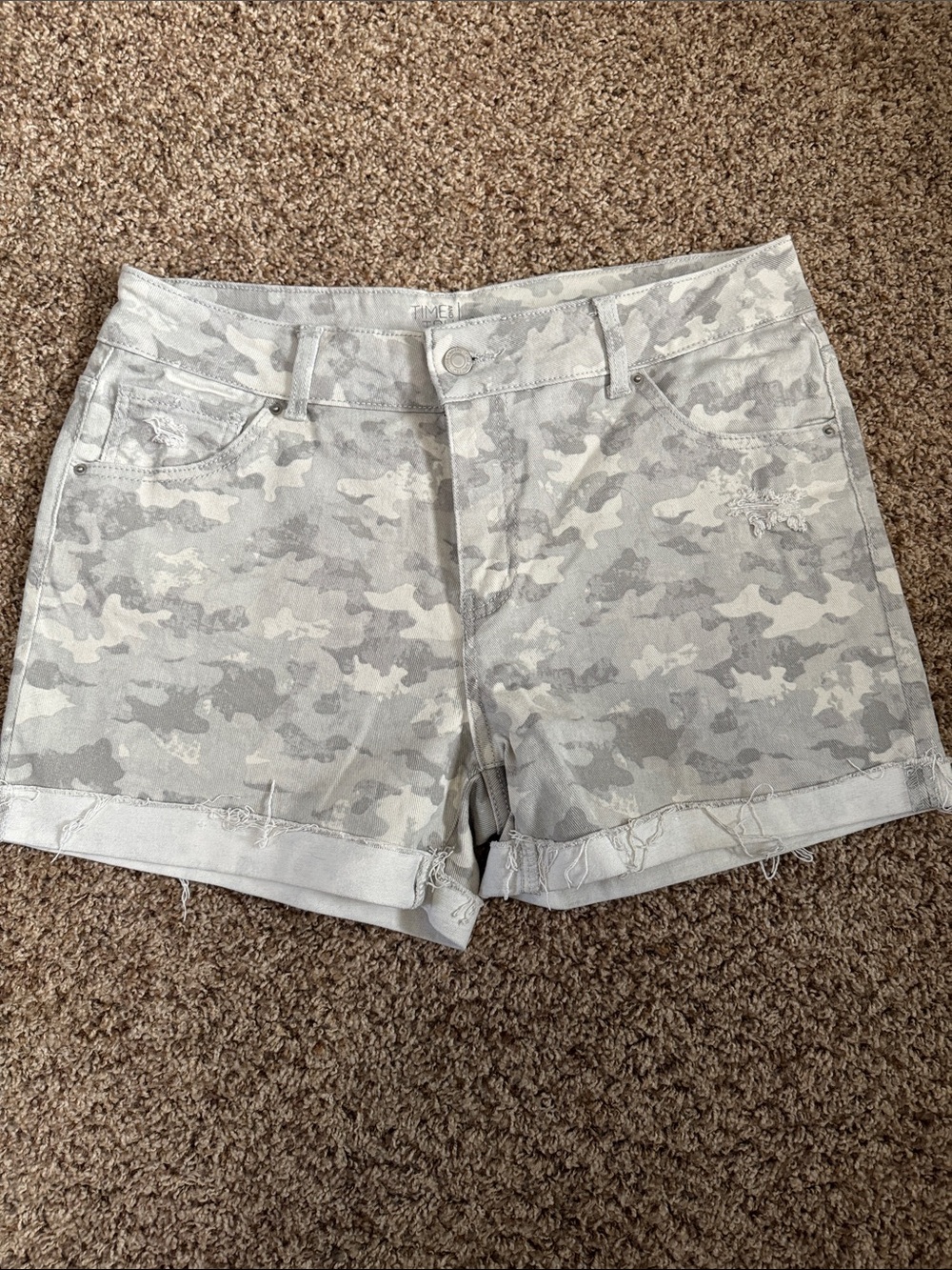 Light camo Time and True 12 Mid Rise Jean Short